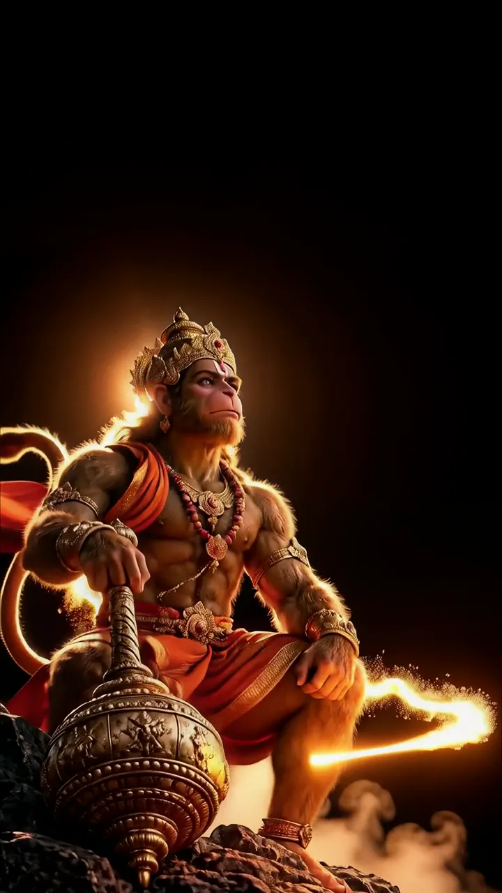 Monkey God Hanuman Sitting On Rock With Golden Staff And Aura