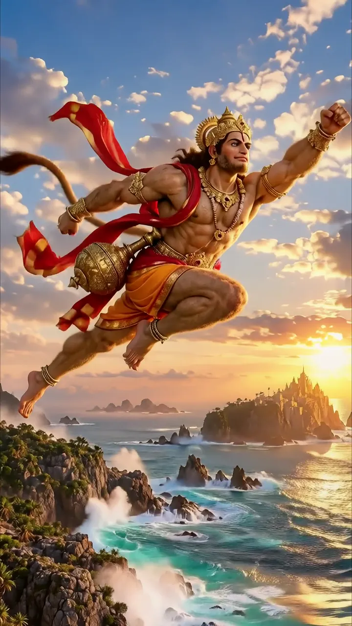 Hanuman Flying Over Ocean Sunset With Golden Crown And Red Sash