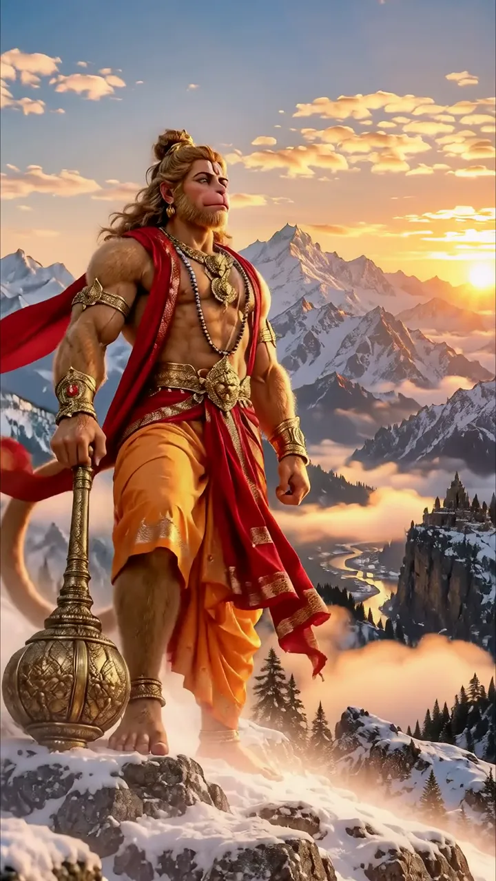 Hanuman Standing On Snowy Mountain With Golden Mace And Red Cloak