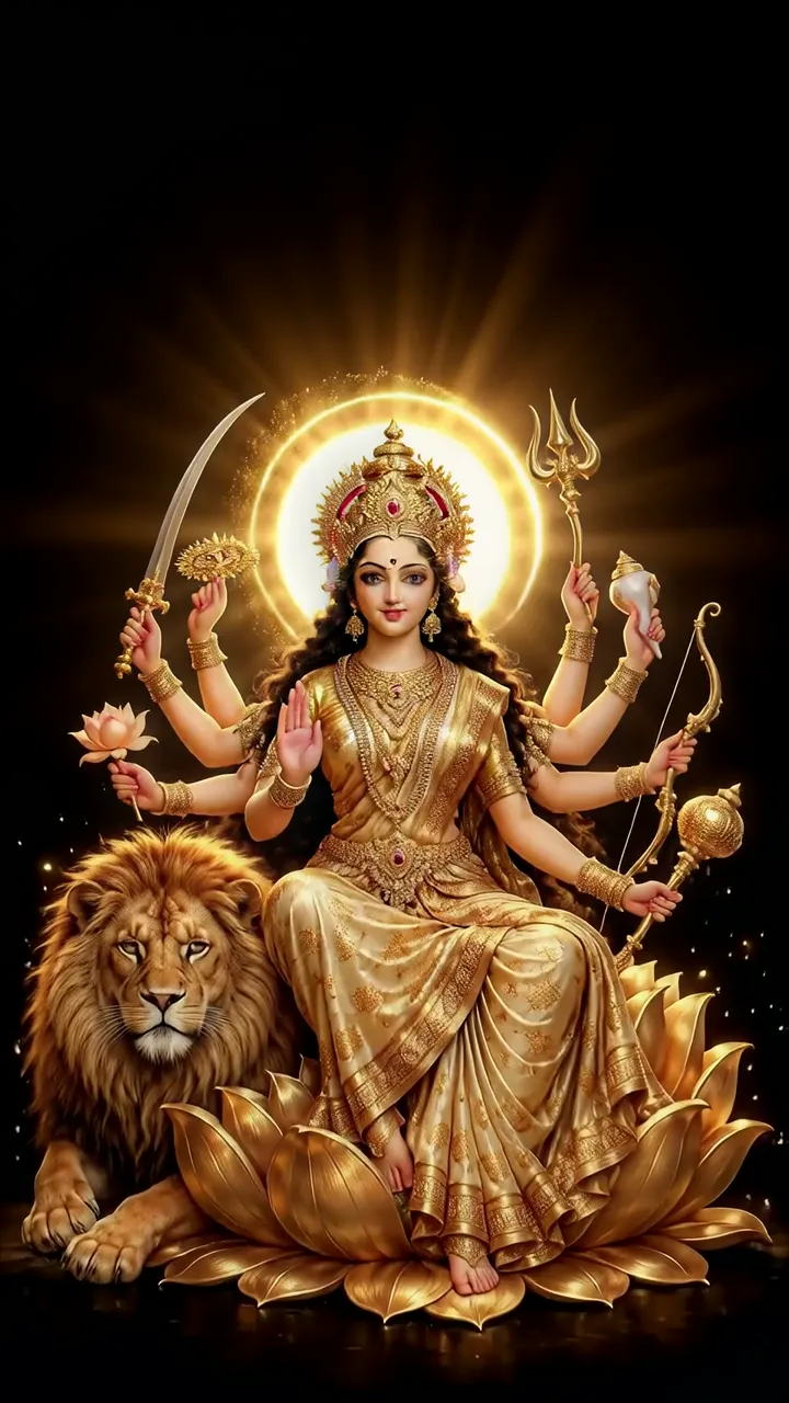 Golden Durga Devi With Lion And Sacred Weapons