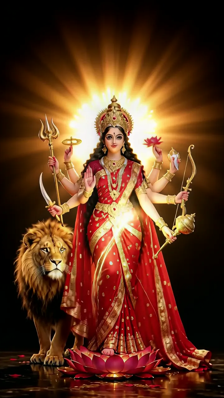 Durga Devi With Lion And Divine Weapons Golden Aura