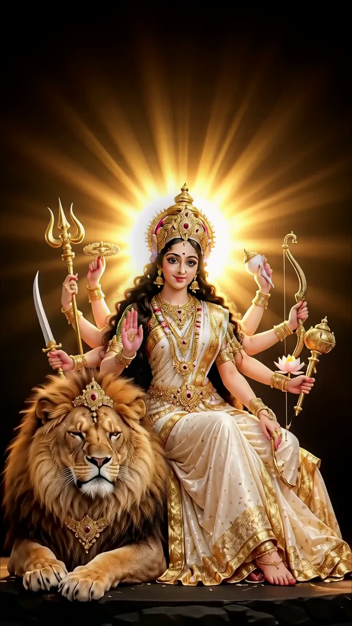 Goddess Durga With Lion And Golden Aura
