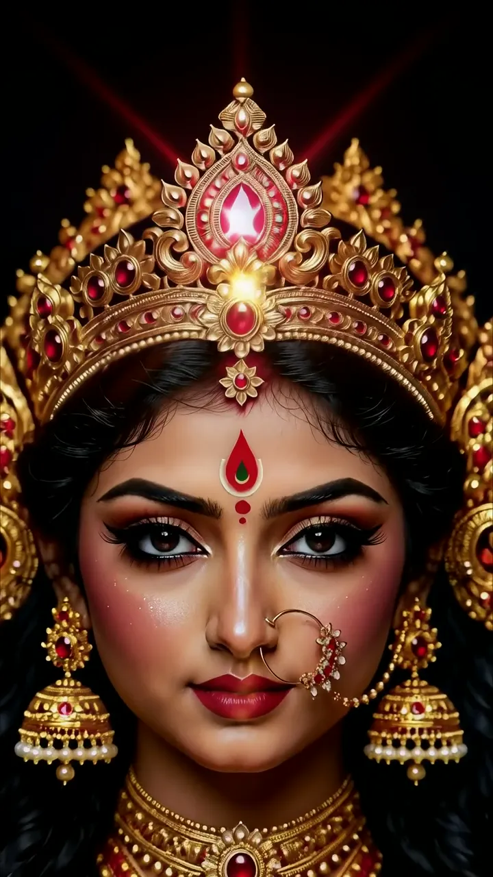 Goddess Durga With Golden Crown And Red Gemstone Aura