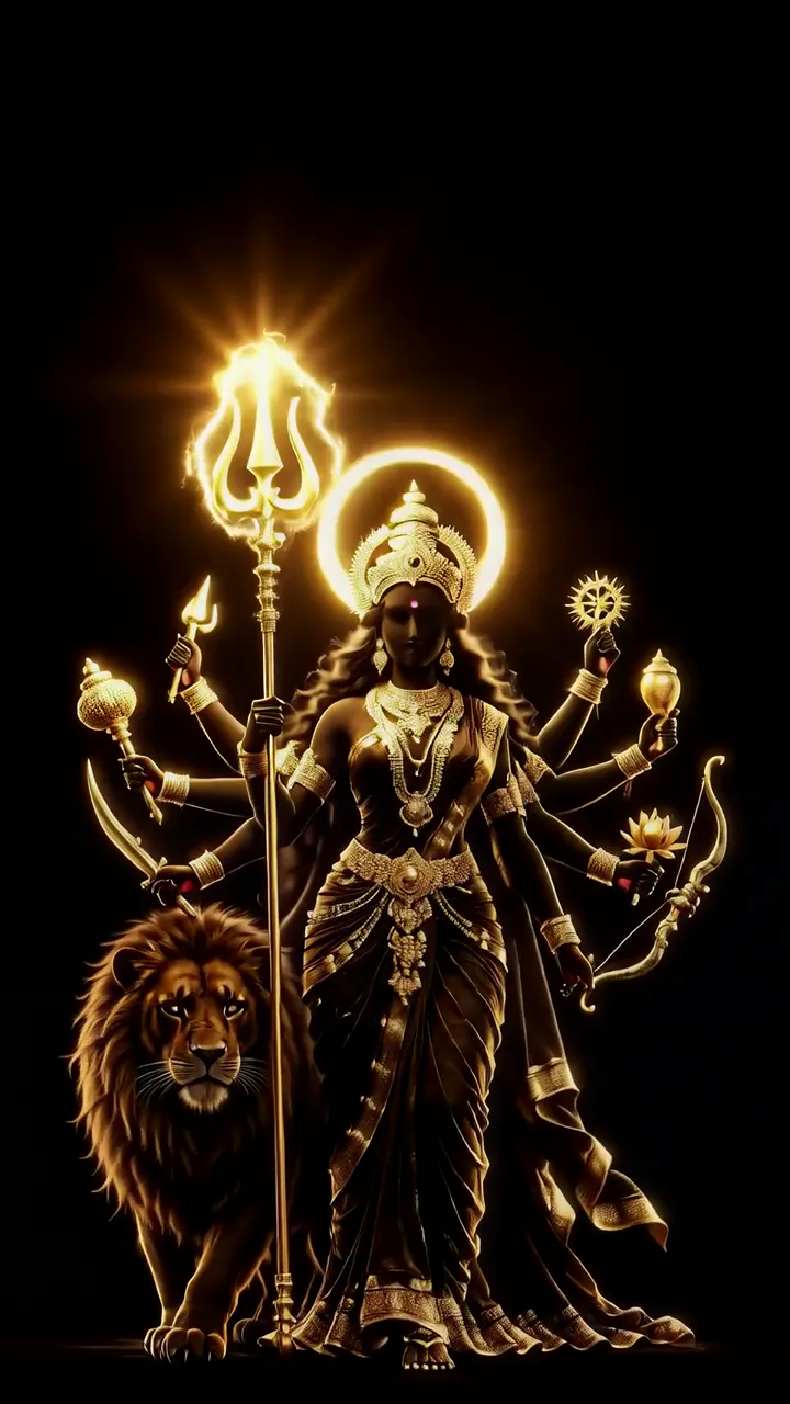Goddess Durga With Golden Trishul And Lion