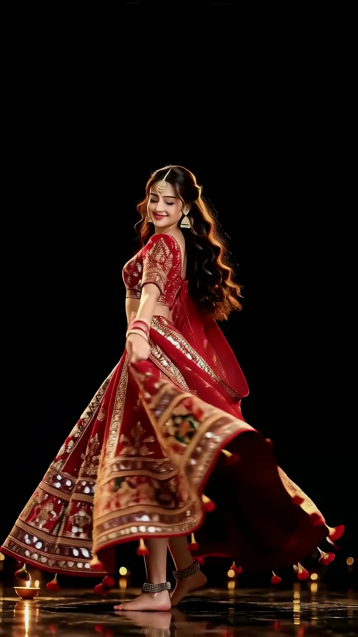 Garba Girl In Red Lehenga Dancing With Diya Lights