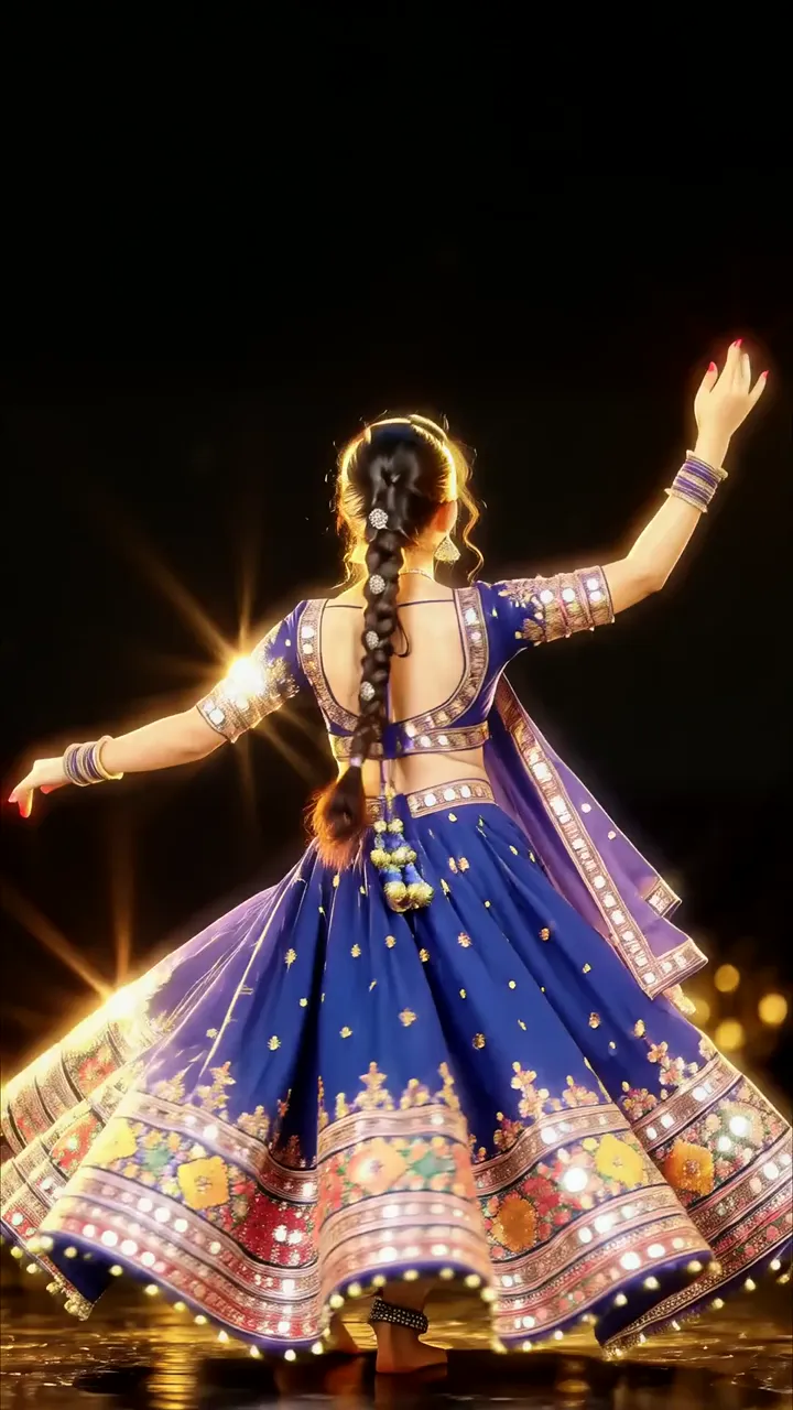 Garba In Blue Lehenga With Golden Glow