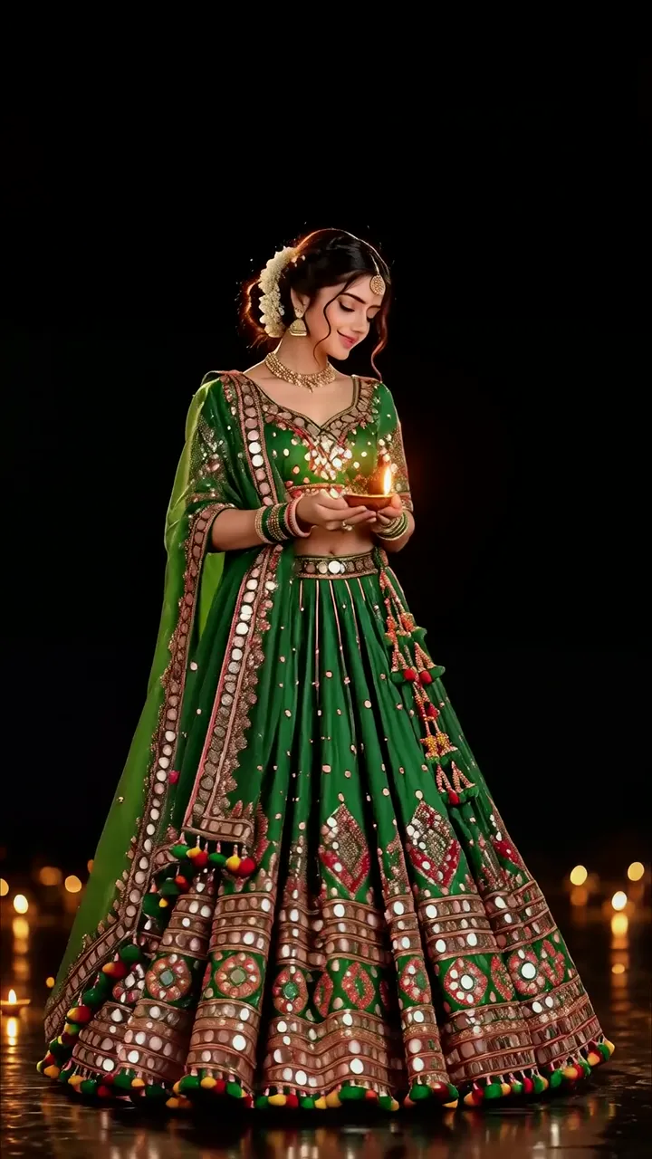 Woman In Green Lehenga Holding Diya During Diwali Celebration