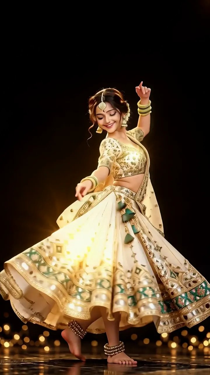 Elegant Indian Dance Performance In Golden Lehenga With Sparkling Jewelry