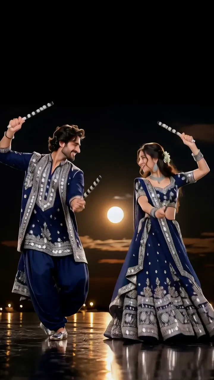 Couple Dancing Under Moonlight In Blue Traditional Attire