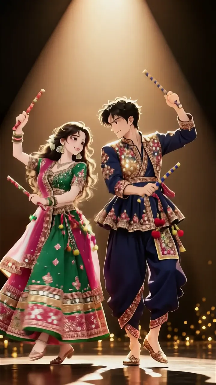 Couple Dancing In Traditional Indian Attire With Dholak