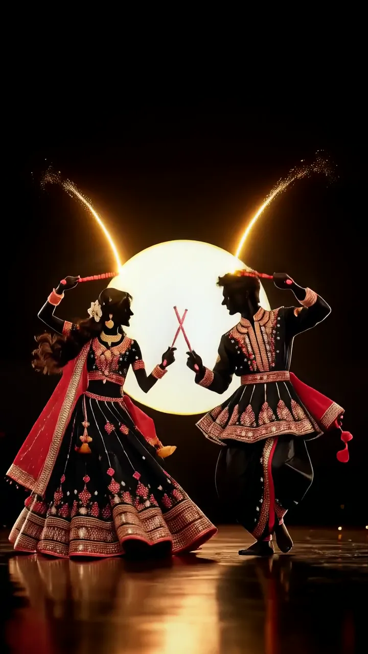 Traditional Indian Dance Couple With Sparkling Sticks And Full Moon