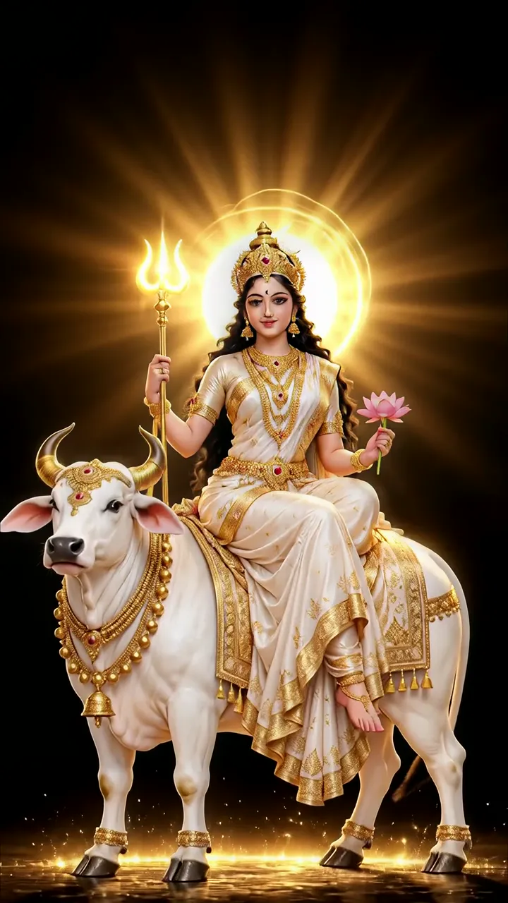 Goddess Parvati Riding White Bull With Lotus And Trishul