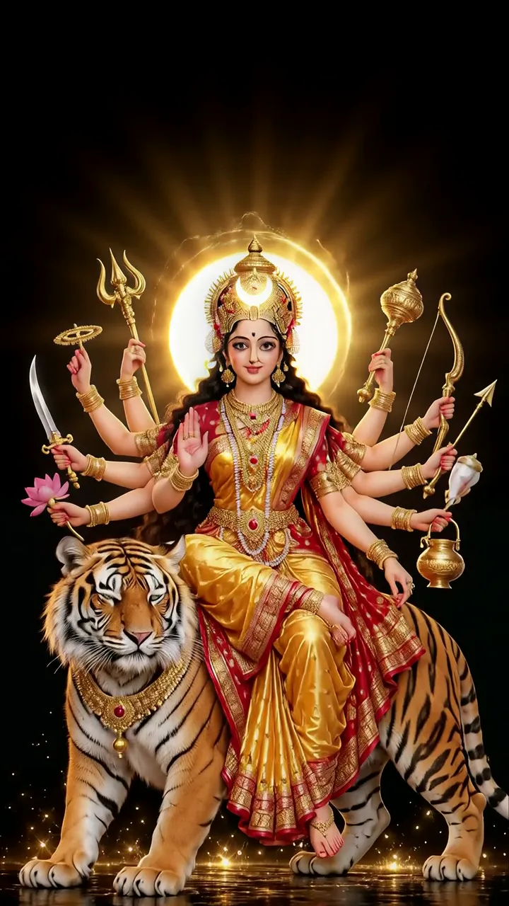 Durga Mata With Ten Arms And Golden Tiger