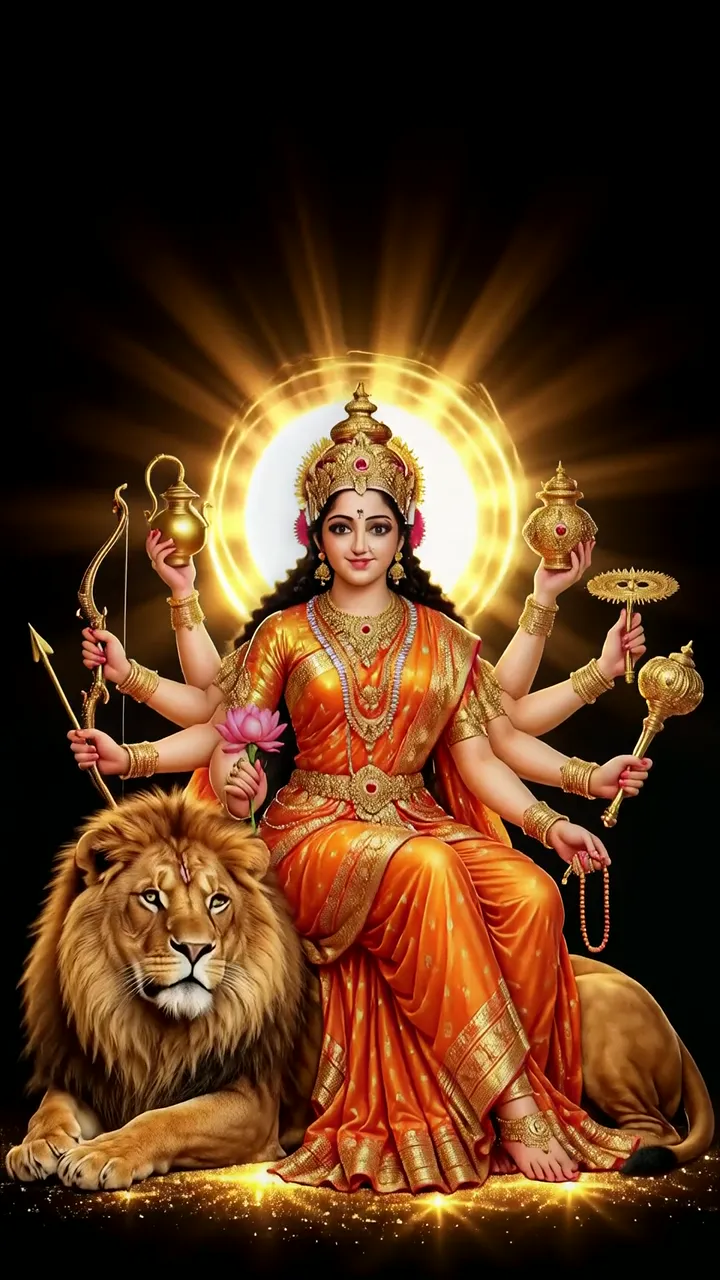 Durga Devi With Lion And Golden Weapons Divine Aura