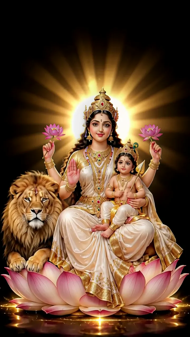 Goddess Durga With Child And Lion On Lotus