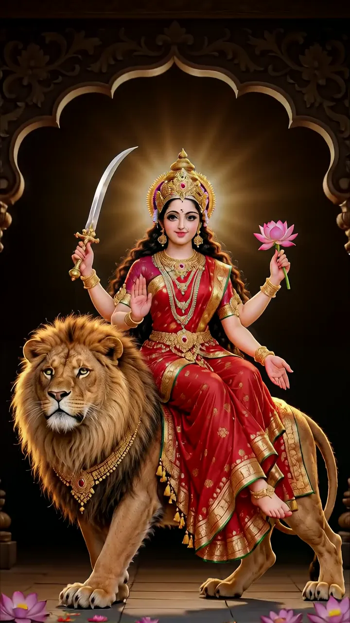 Durga Devi Riding Lion With Sword And Lotus