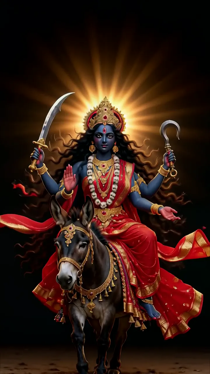 Kali Ma Riding Black Donkey With Sword And Hook