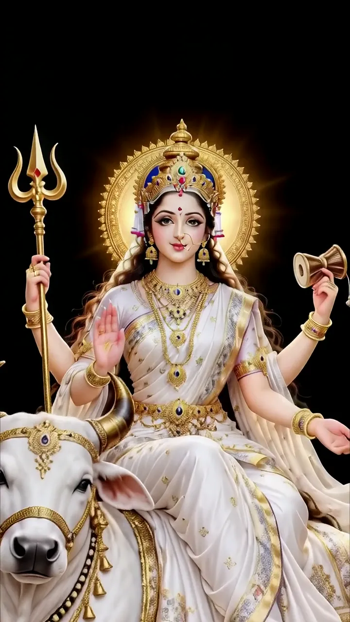 Goddess Durga Riding White Bull With Trishul And Golden Aura
