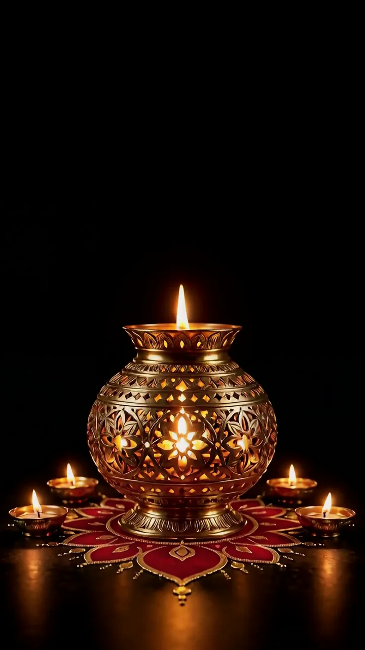 Diwali Festival Diya With Red Rangoli And Golden Lamp