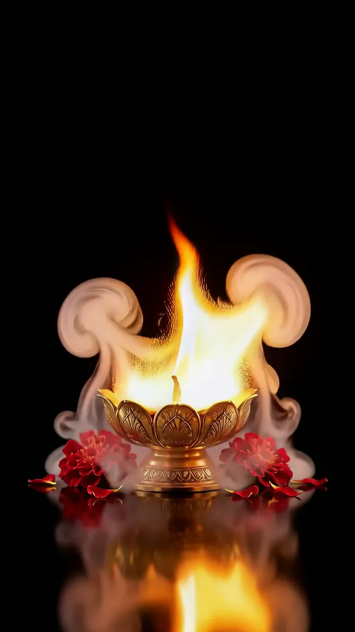 Golden Lotus Diya With Dancing Flame And Red Petals