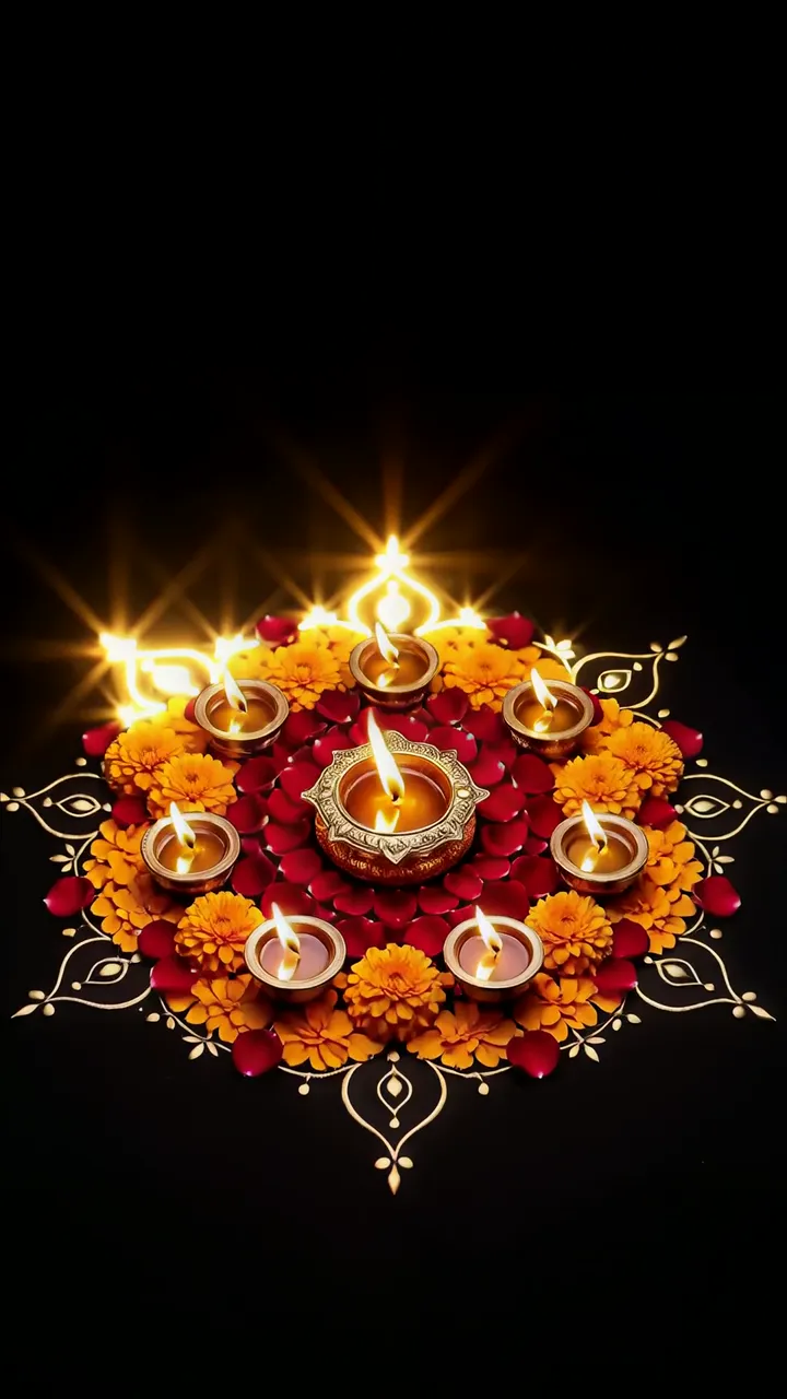 Diwali Festival Diya Lights With Marigold And Red Petals
