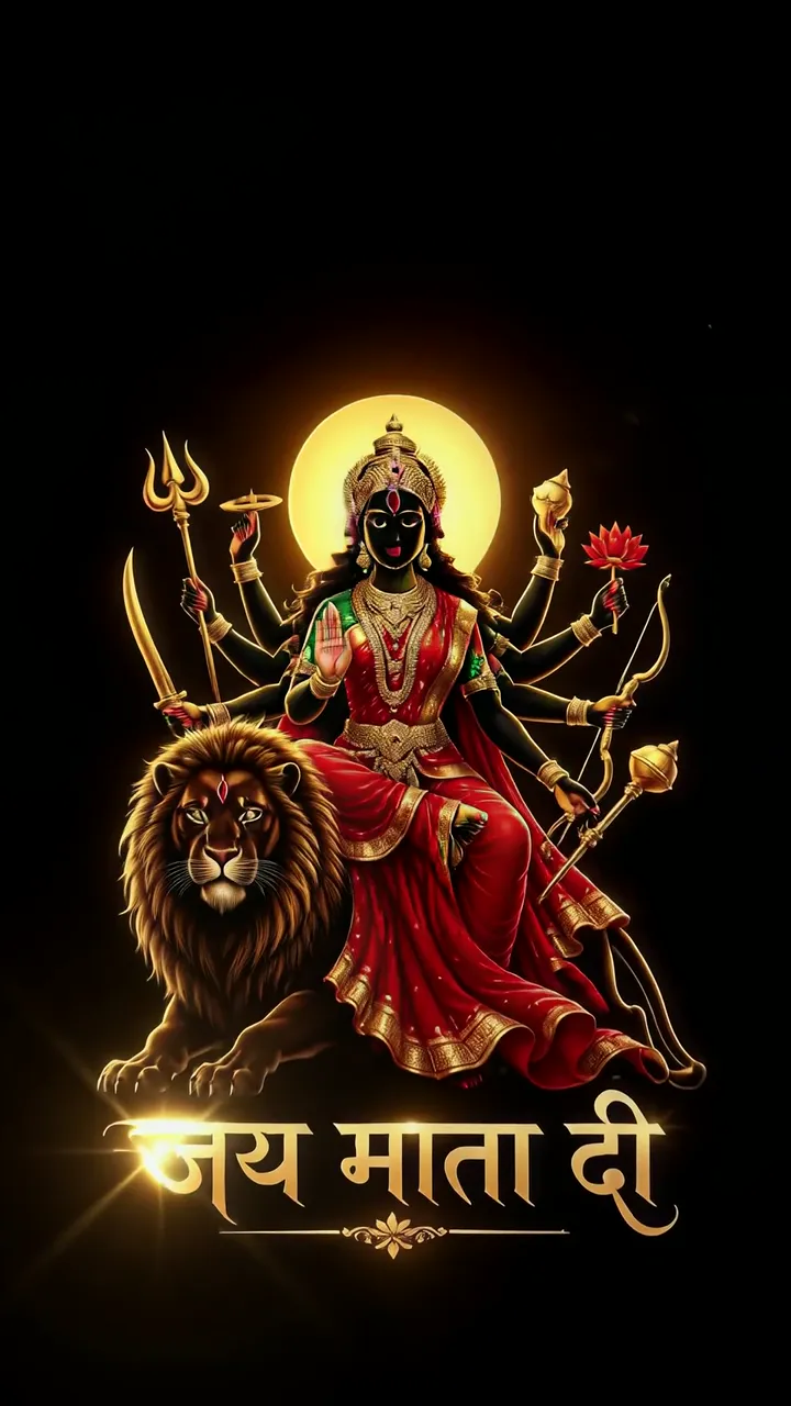 Goddess Durga Riding Lion With Trishul And Weapons