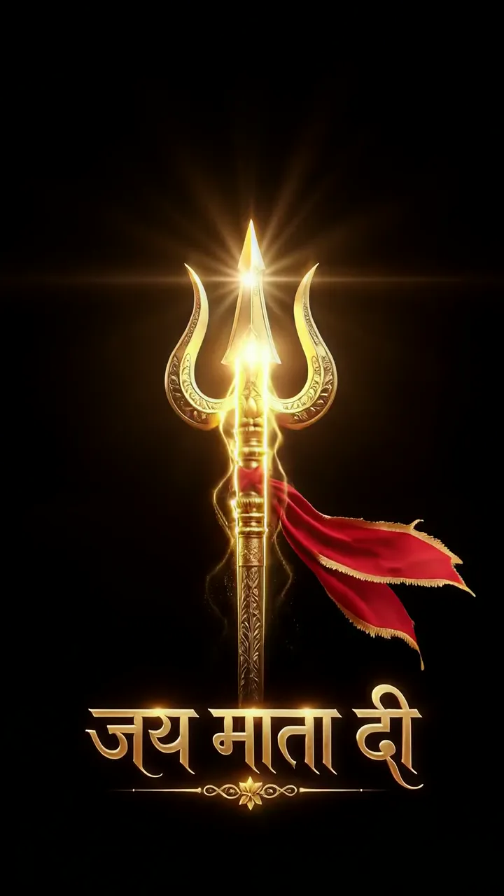 Golden Trishul With Red Sash And Jai Mata Di Text