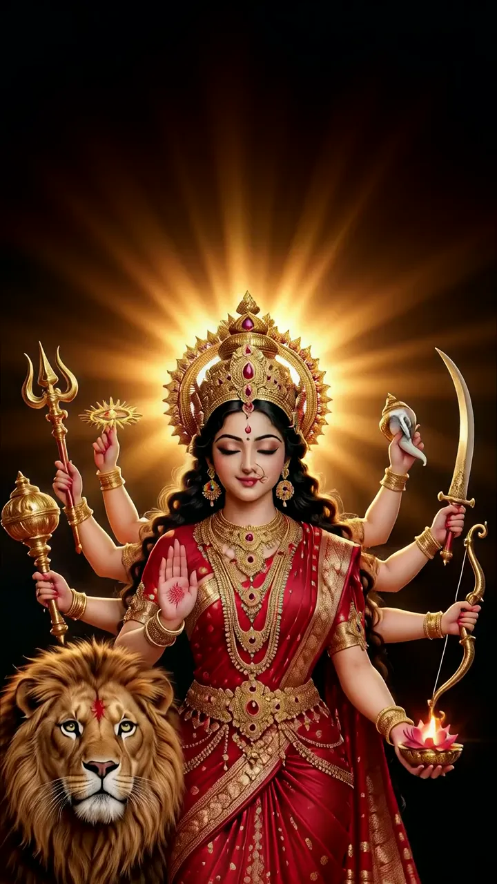 Durga Devi With Lion And Golden Weapons Divine Aura