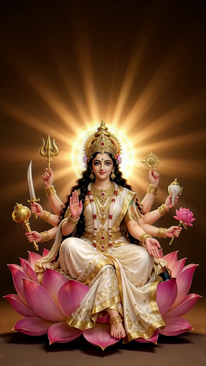 Durga Devi With Trishul And Lotus Throne Divine Aura