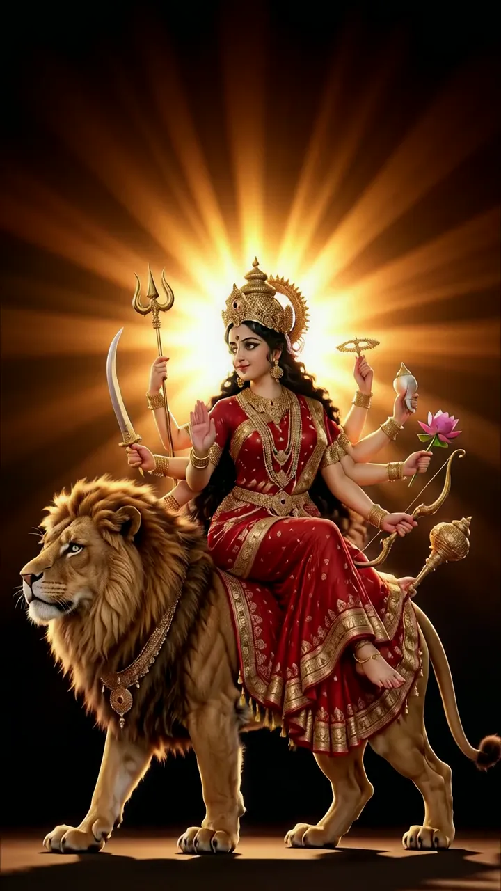 Durga Riding Lion With Trishul And Lotus