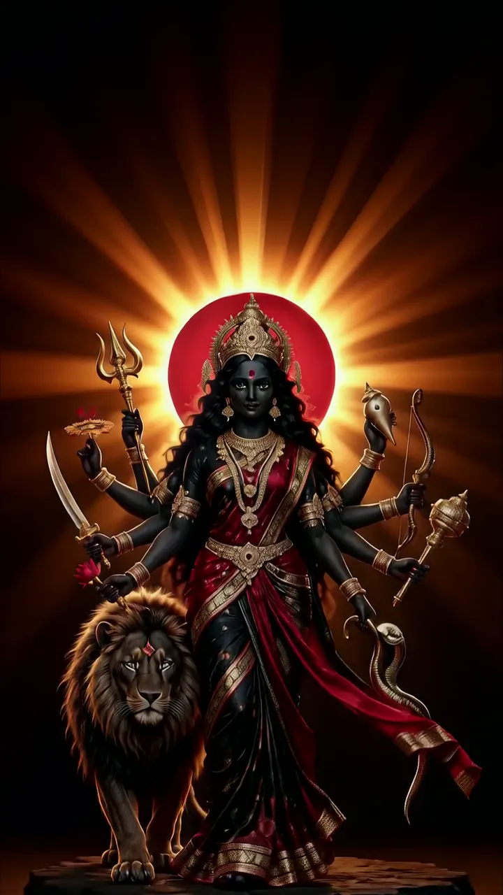 Kali Devi With Lion And Golden Weapons Divine Aura