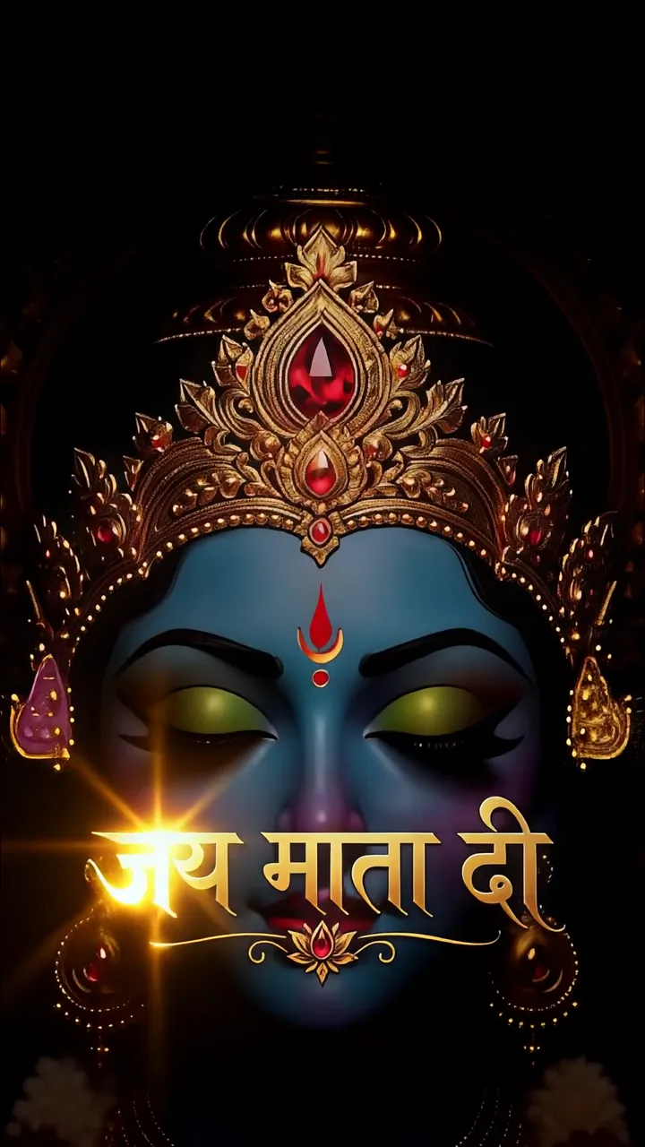 Glowing Blue Durga Mata With Golden Crown And Red Gem