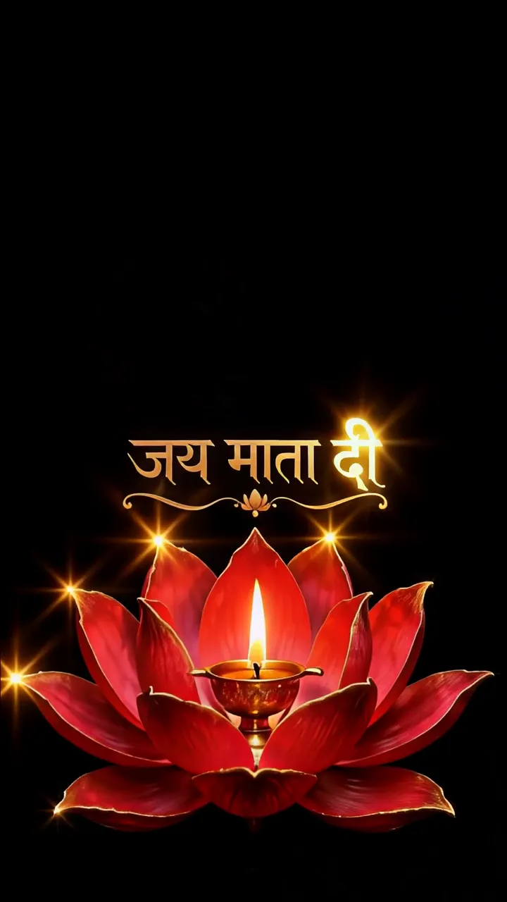 Glowing Red Lotus With Diya Candle And Jai Mata Di Text