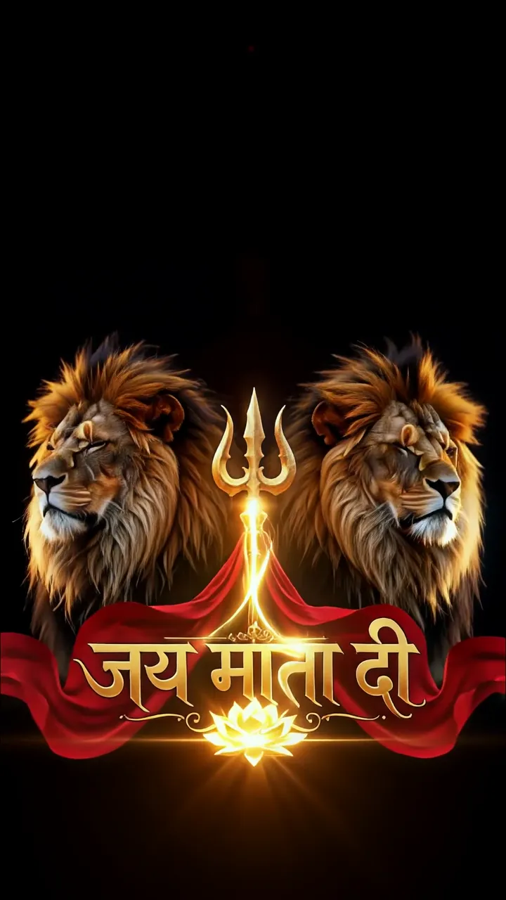 Two Majestic Lions Flanking Golden Trishul With Jay Mata Di Text