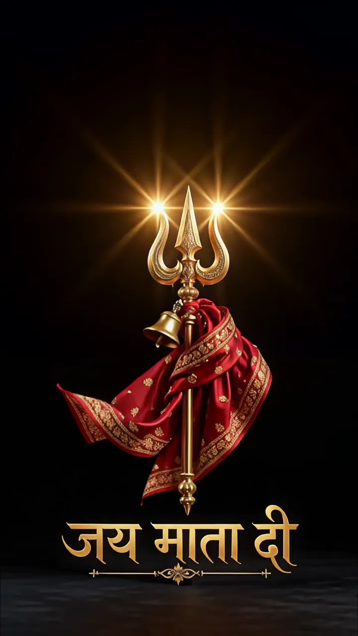 Golden Trishul With Red Silk And Jay Mata Di Text