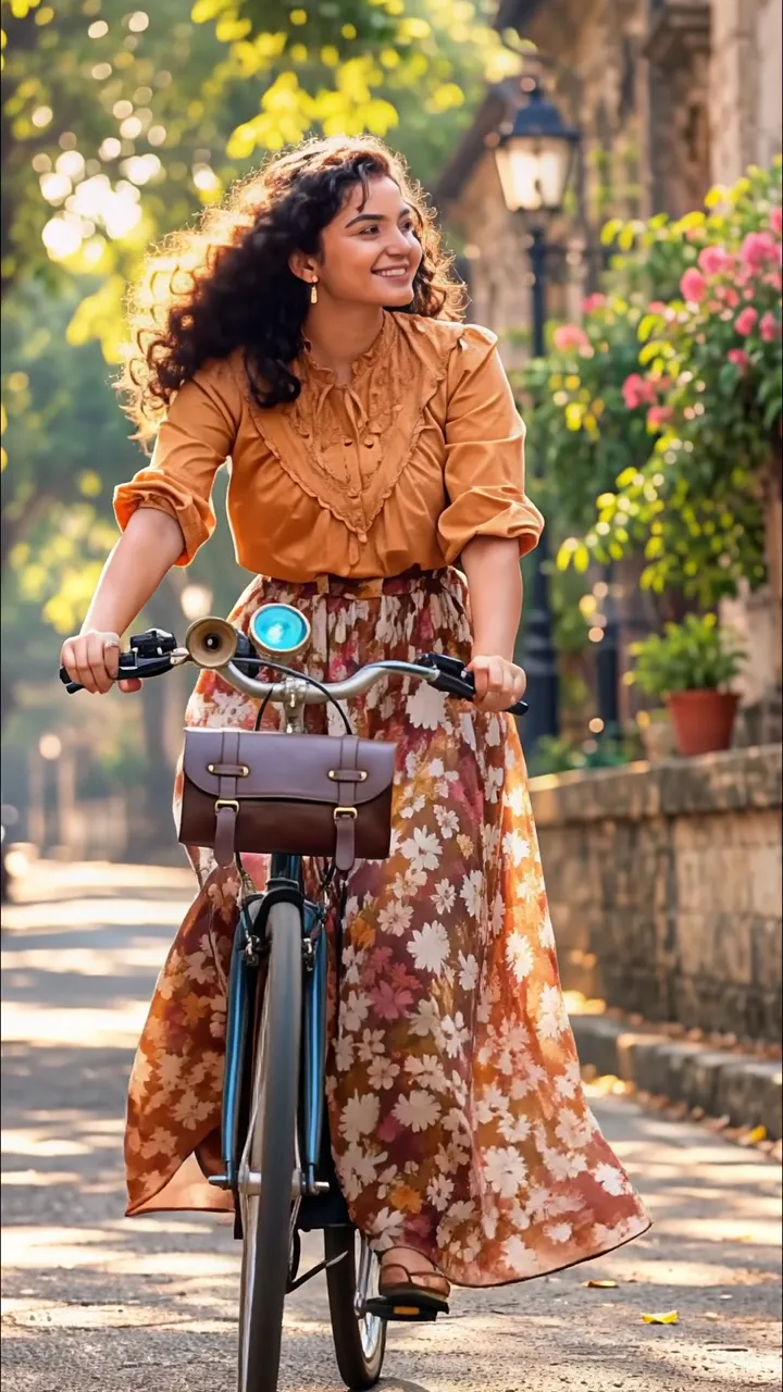 Joyful Woman Riding Vintage Bicycle Through Sunlit Street