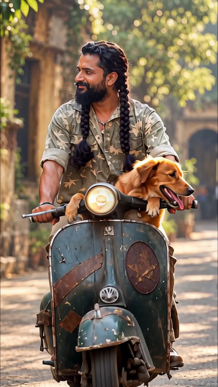Man With Braided Hair Riding Vintage Scooter With Dog