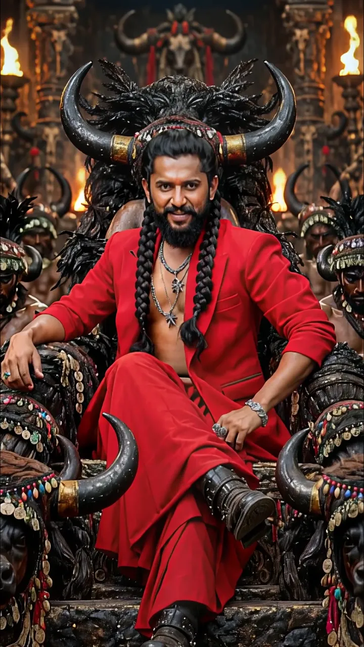 Rajinikanth As Demon King In Red Suit With Bull Horn Throne