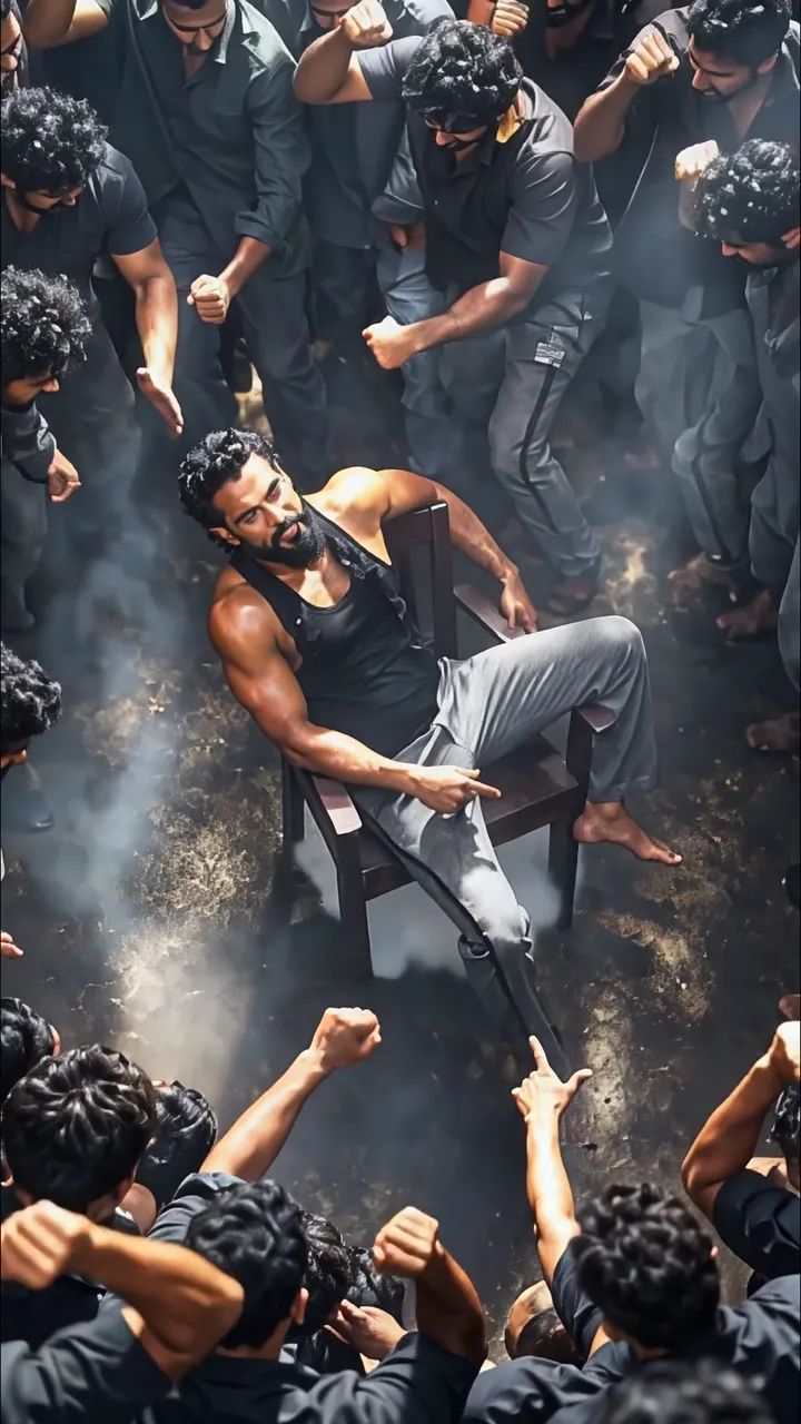 Ram Charan Commanding Pose With Fists Raised Crowd Scene