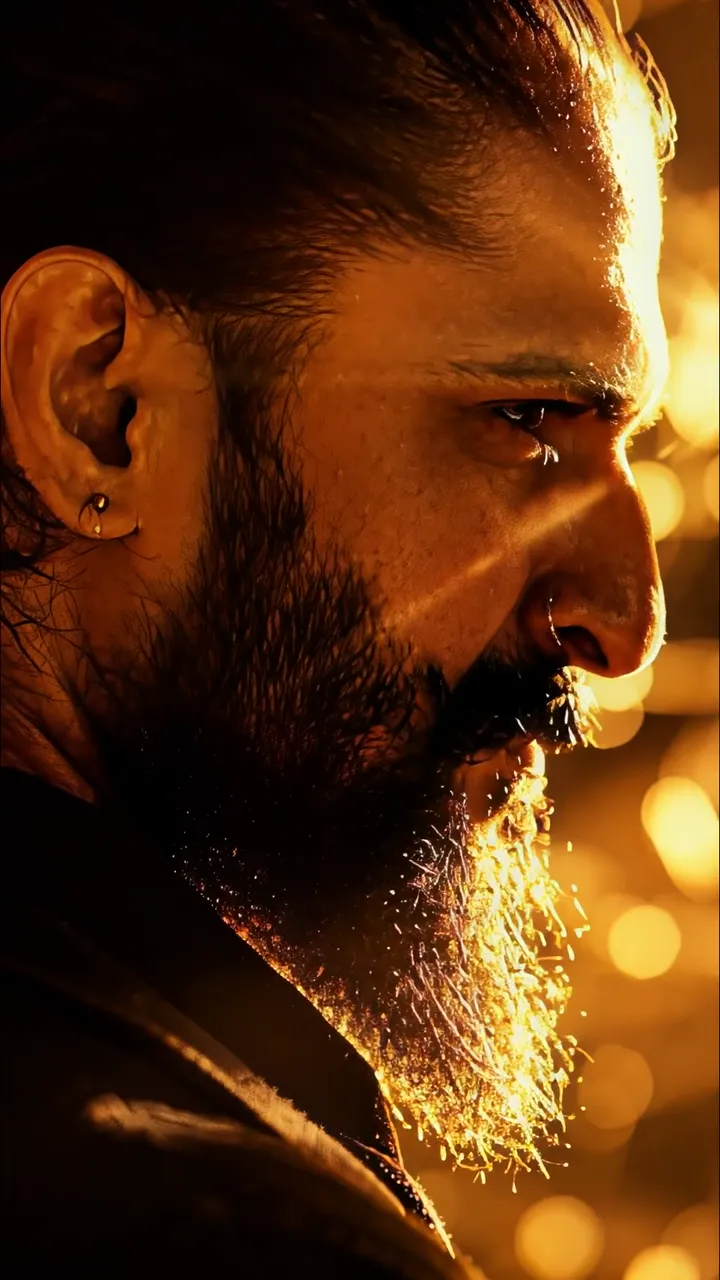 Intense Bearded Man With Sparkling Beard Golden Lighting