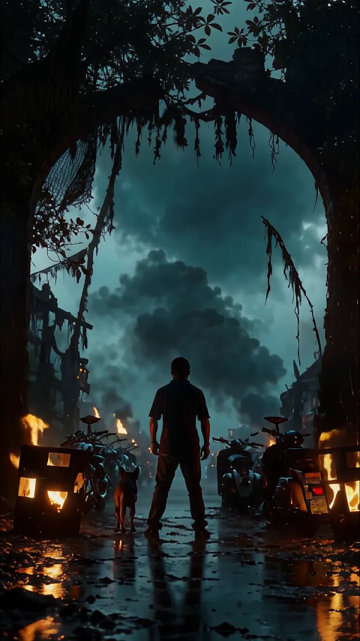 Man With Dog Standing Under Ruined Archway In Rainy Apocalypse Scene