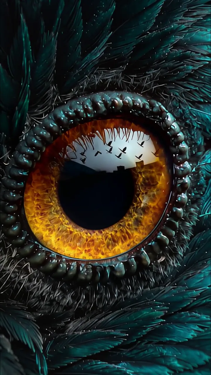 Majestic Owl Eye With Flying Birds Reflection And Teal Feathers