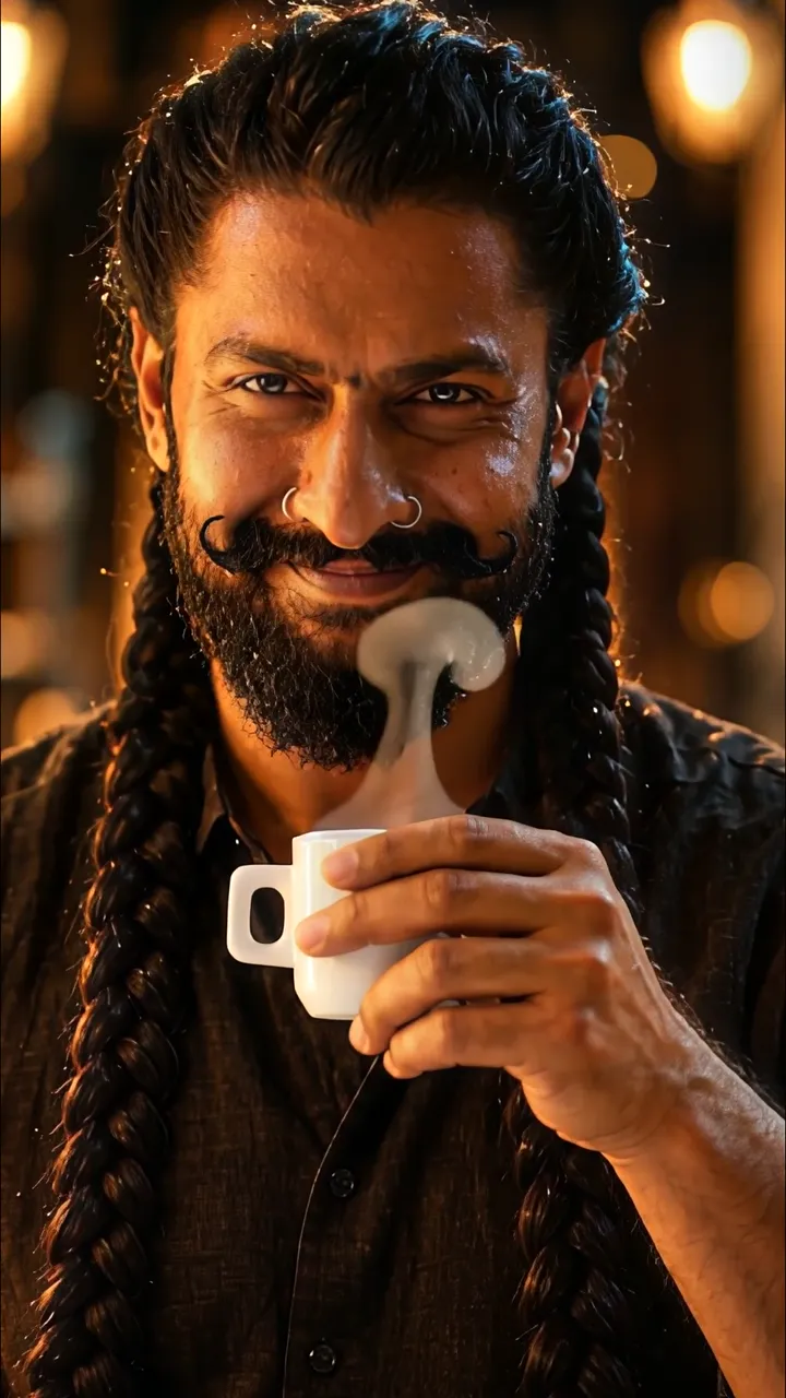 Vicky Kaushal Braided Hair Smiling With Steam Coffee Cup