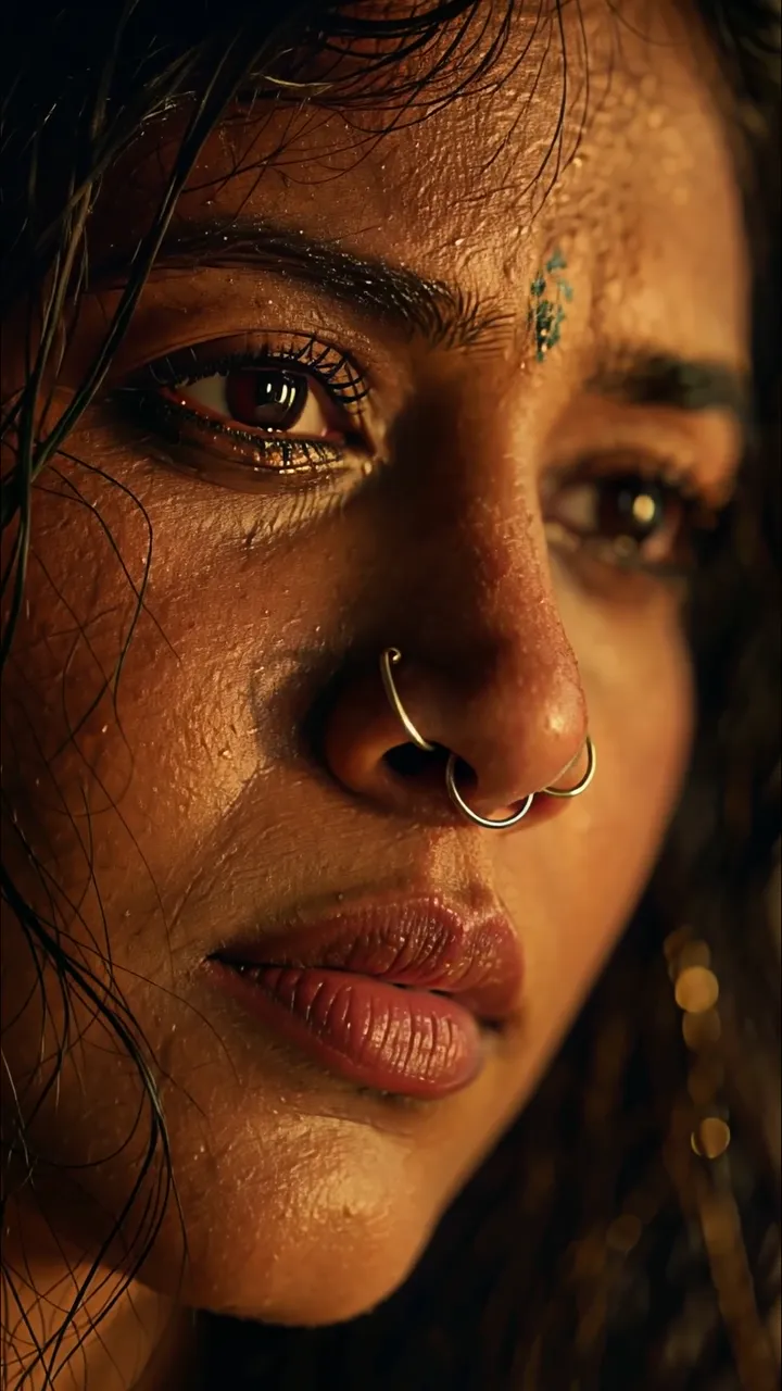 Intense Close-Up Of Wet Woman With Gold Nose Ring And Sacred Mark