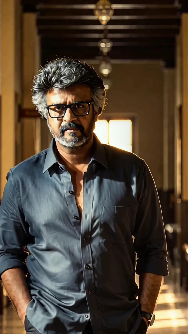 Rajinikanth Confident Pose In Dark Blue Shirt With Glasses