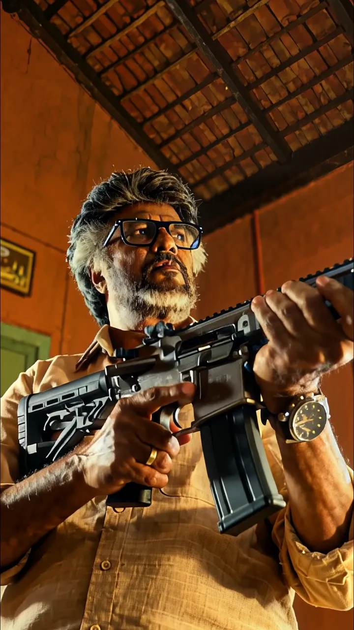 Mammootty Intense Action With Assault Rifle In Dramatic Lighting