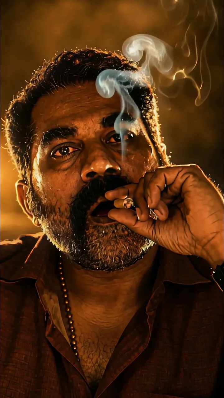 Intense Man Smoking Cigar With Blue Smoke And Golden Lighting