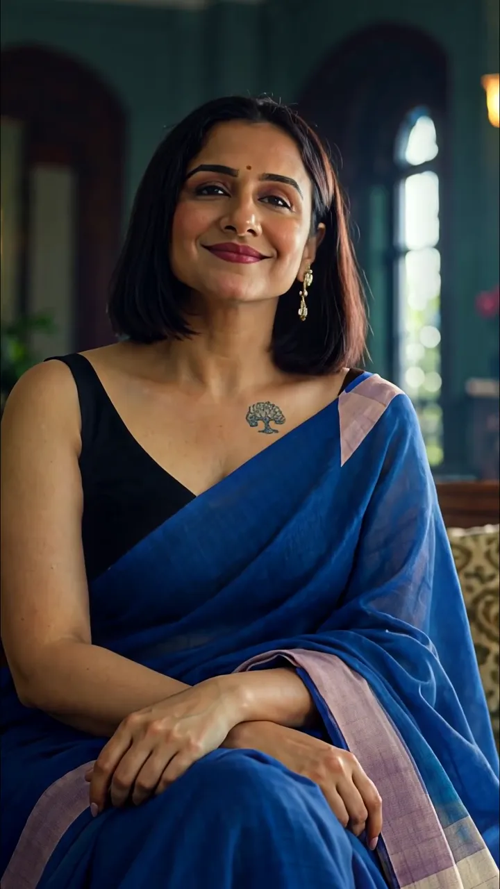 Vidya Balan Elegant Blue Saree With Tree Tattoo Portrait