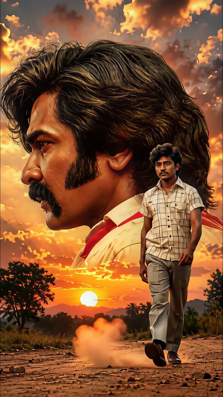 Vikram Walking Sunset Road With Giant Portrait Background