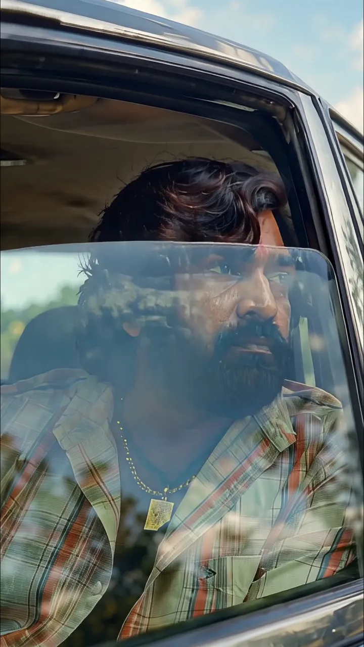 Man With Beard In Plaid Shirt Looking Out Car Window
